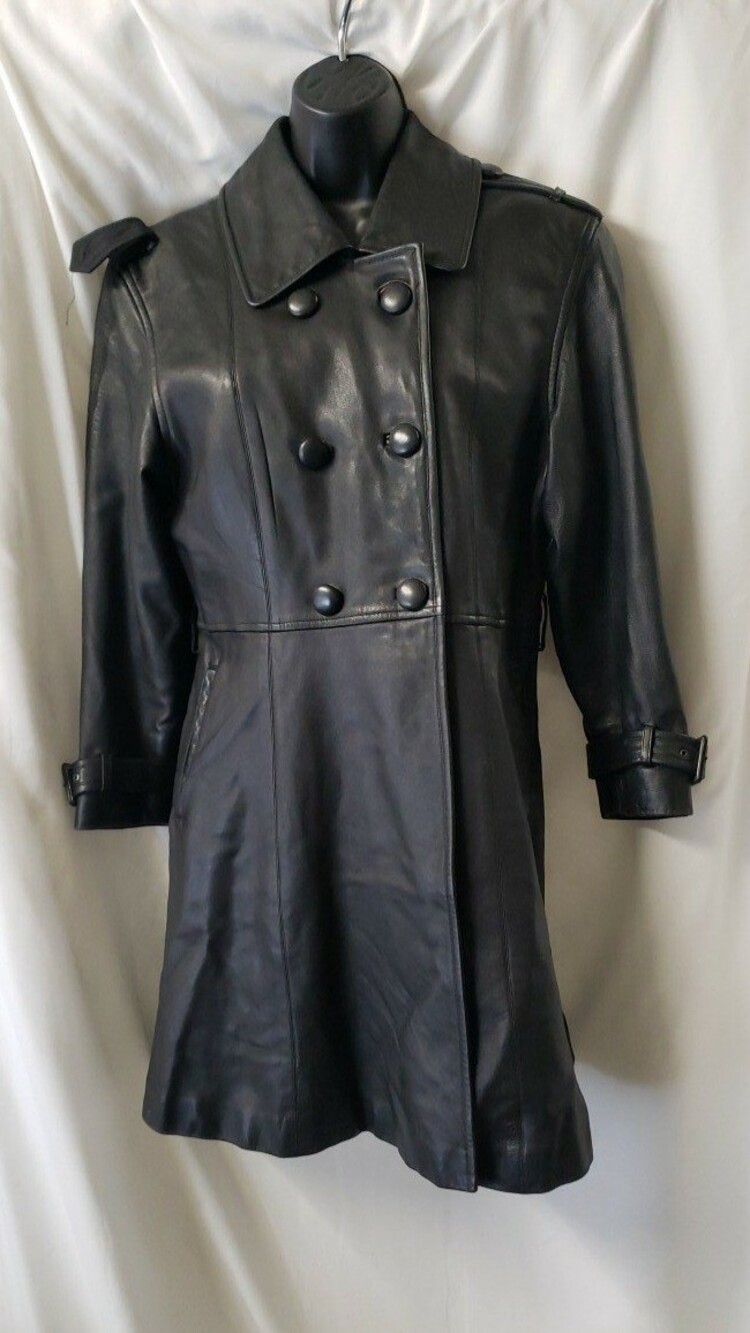 Womens Black Leather Trench Coat Double Breasted Mid Length 273162999